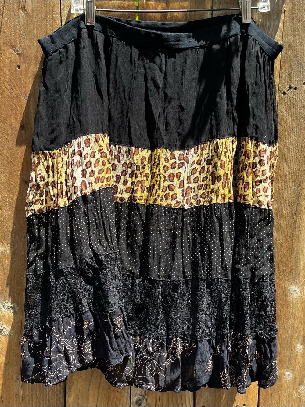 Vintage Shelly & Arnold Black Skirt with Cheetah Print, polka dots, lace detail